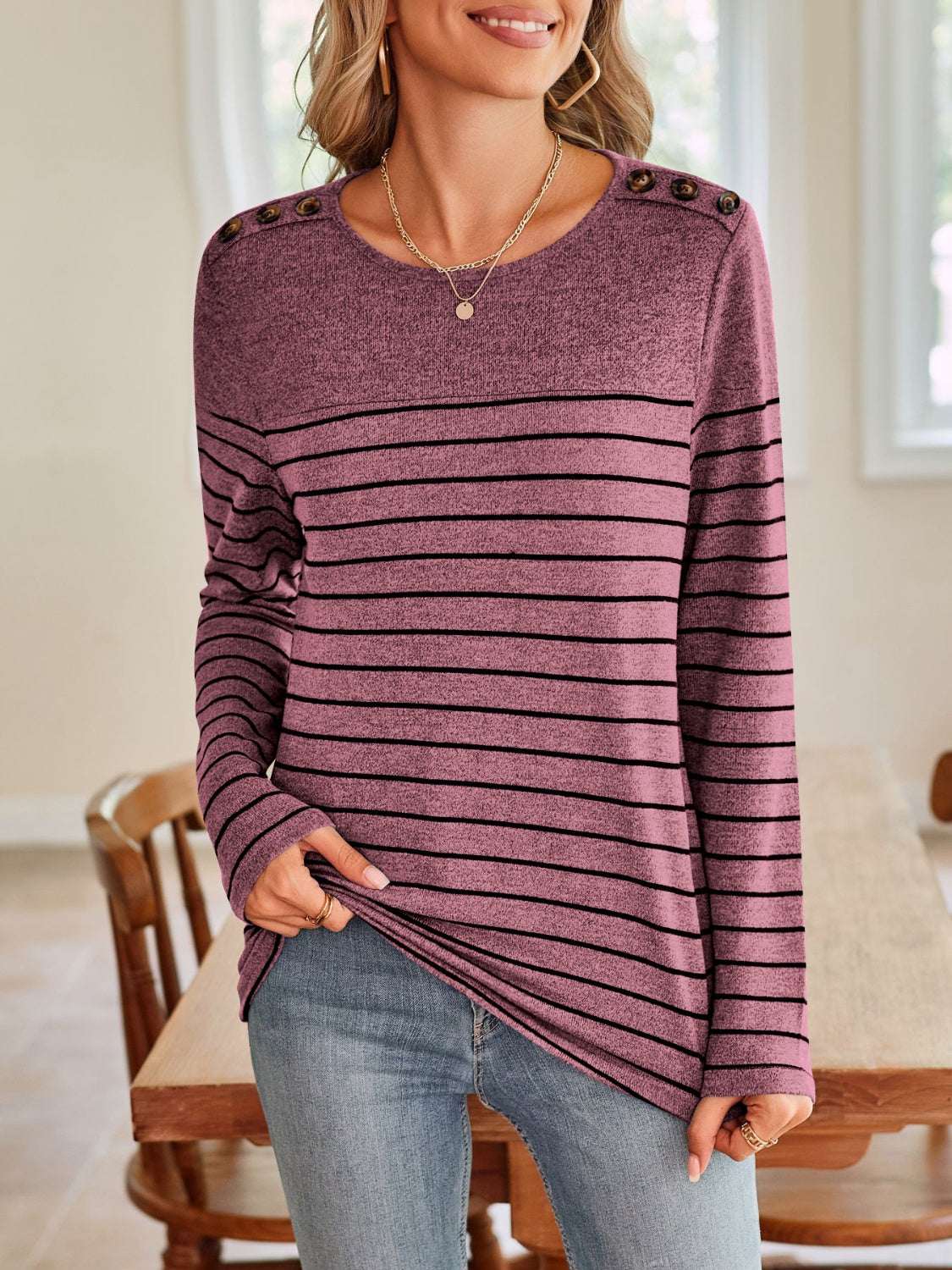 Lovelet Striped Round Neck Long Sleeve T-Shirt with Decorative Buttons