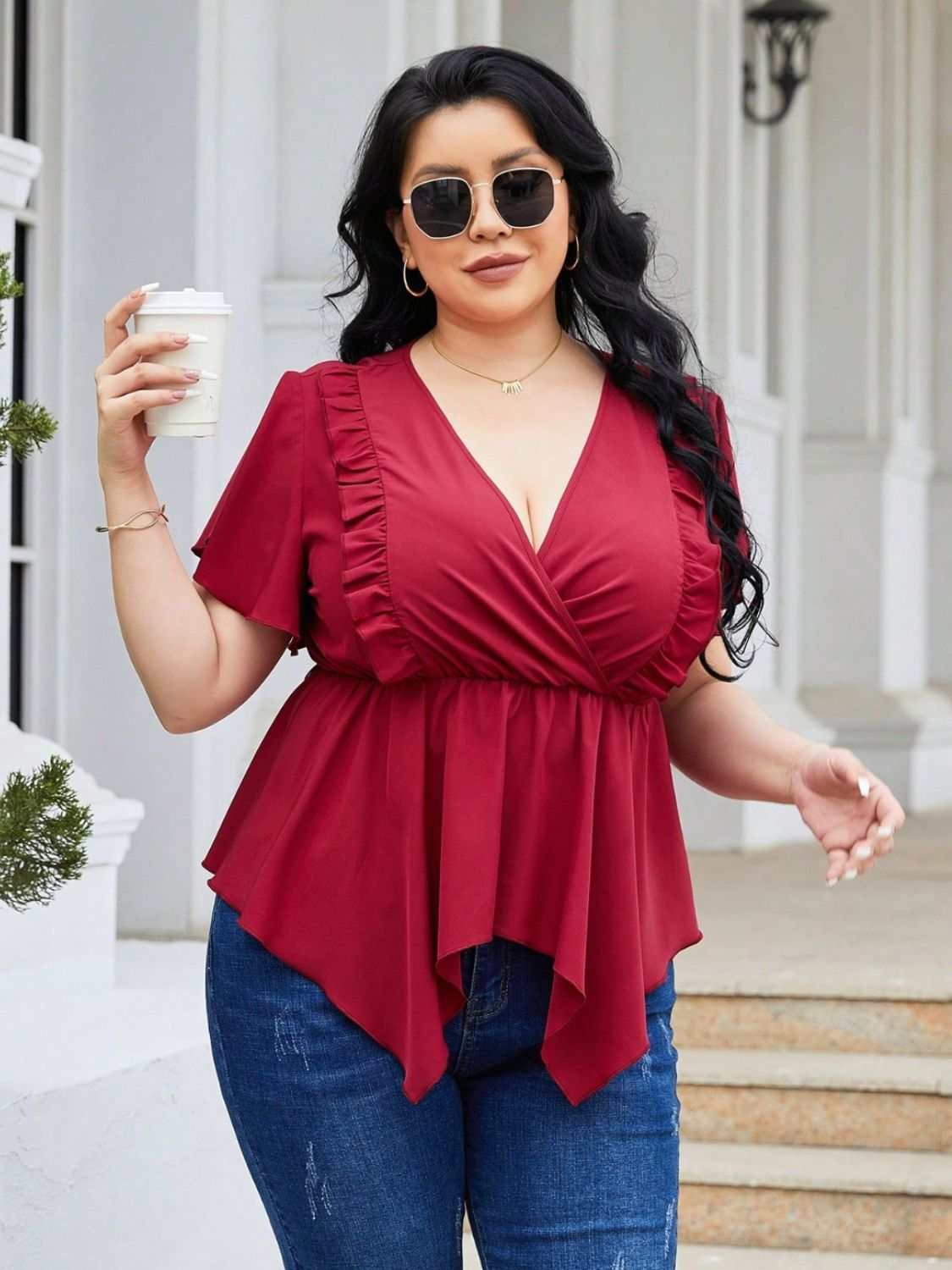 Plus Size Frill Surplice Flutter Sleeve Blouse in red, featuring a V-neck and slightly stretchy polyester fabric.