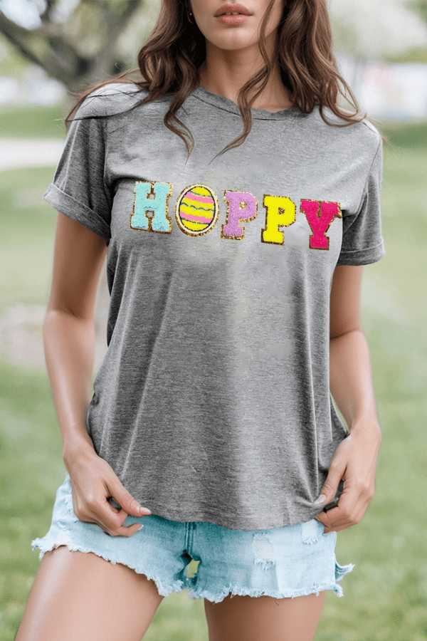 HOPPY Chenille Patch gray round neck short sleeve T-shirt.