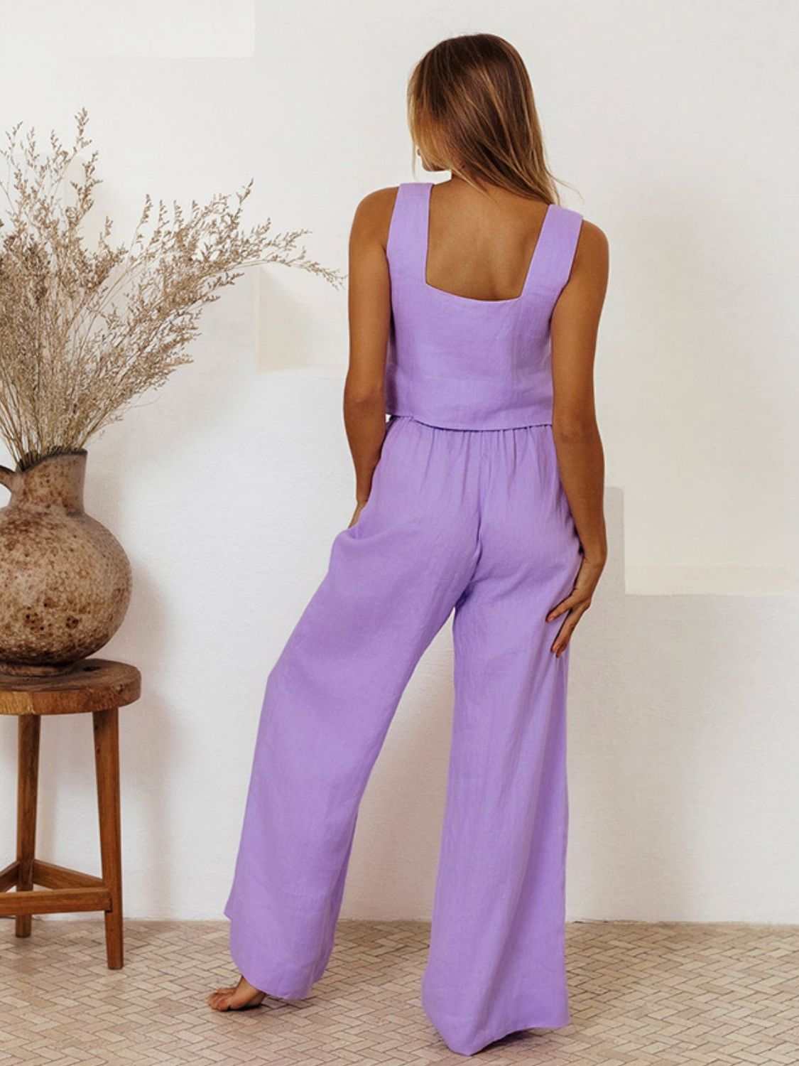 Square neck sleeveless top and pants set in lavender, two-piece, 100% cotton, no stretch.