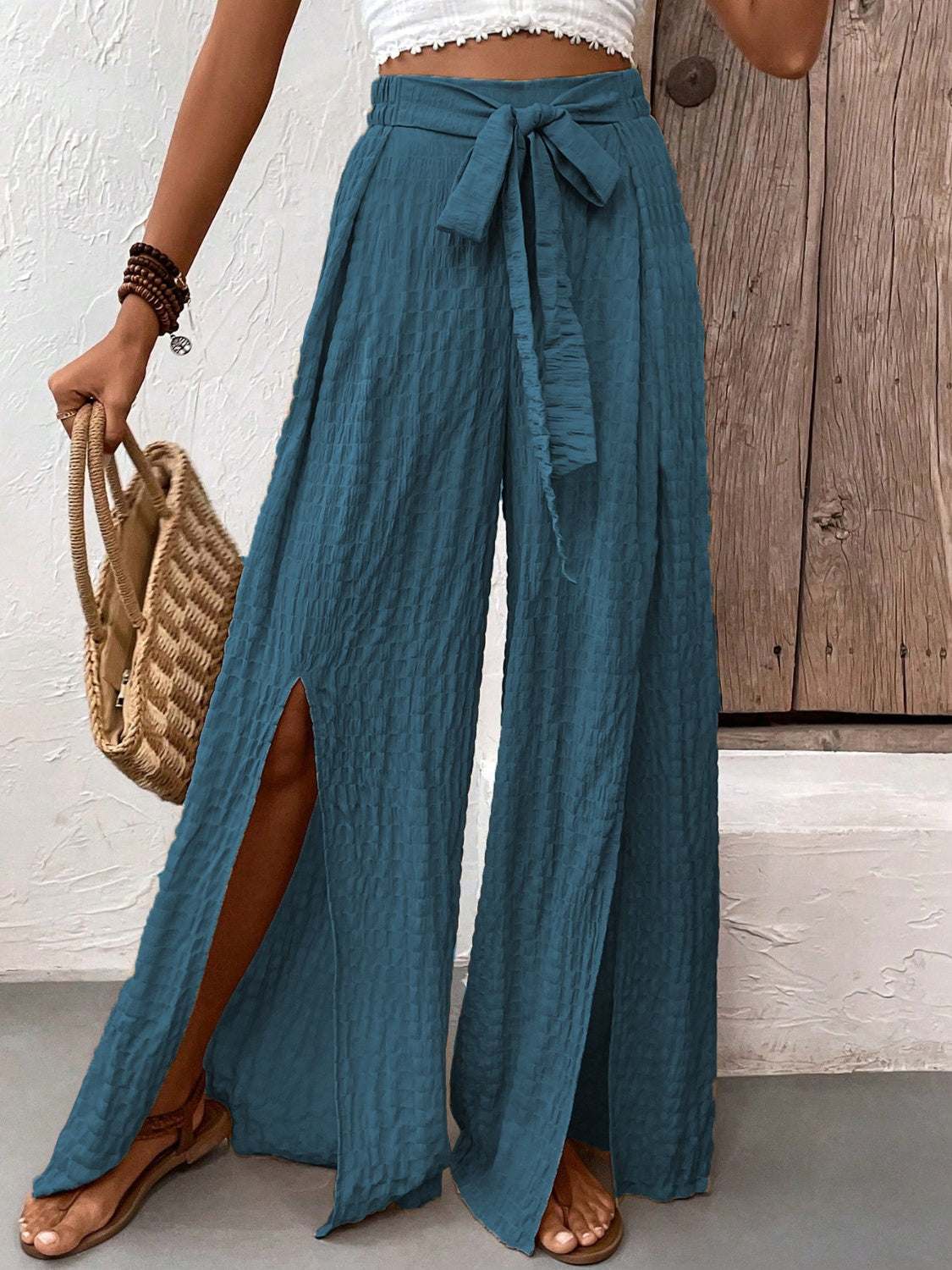 Honey Tied Slit Wide Leg Pants with bow and side slits in teal.