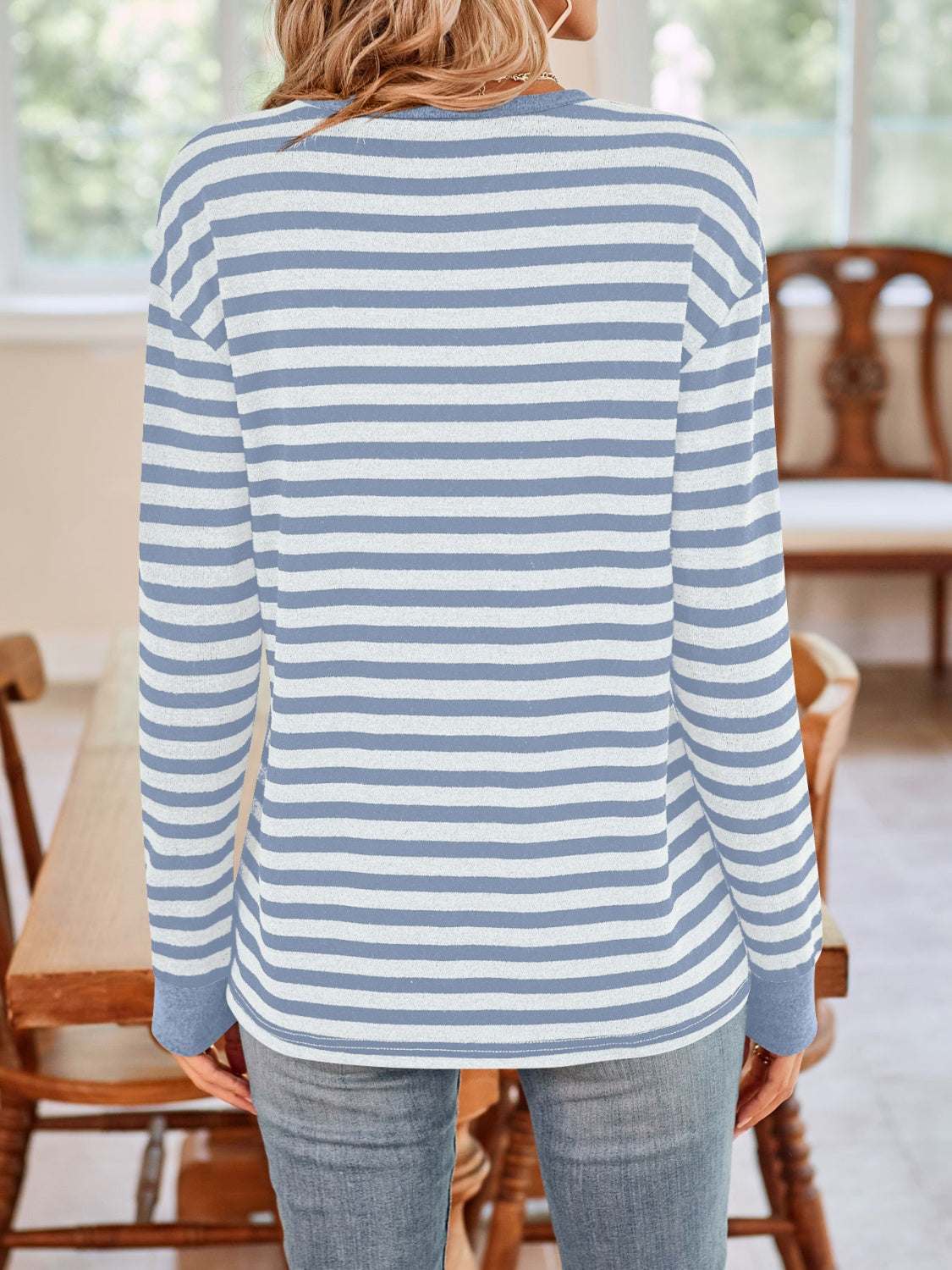 Lovelet Striped Round Neck Long Sleeve T-Shirt, blue and white stripes, basic style, slightly stretchy fabric.