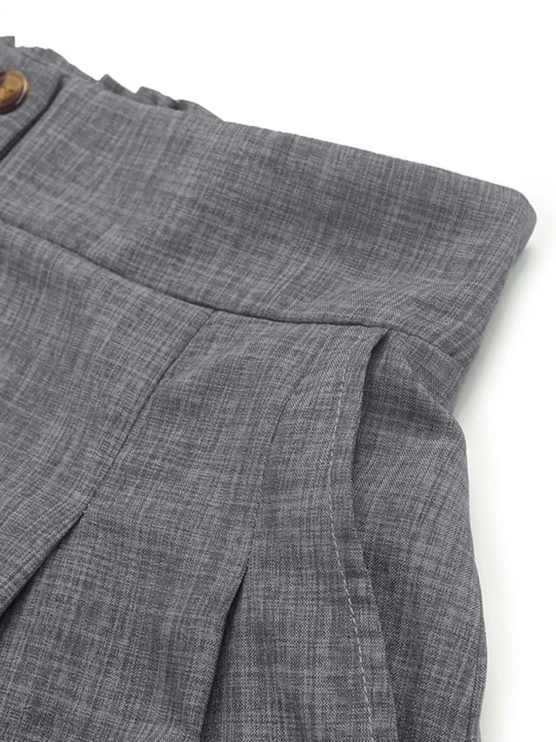 Perfee Frill Shorts with Pockets, buttoned design, gray polyester fabric.