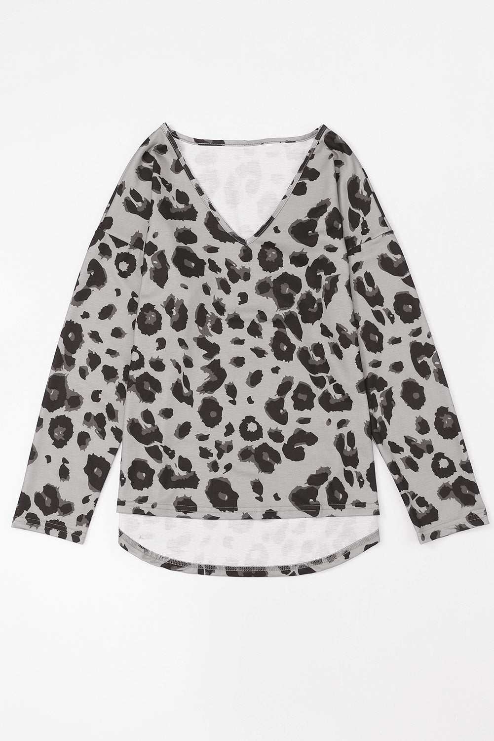 Leopard print V-neck dropped shoulder blouse with long sleeves.