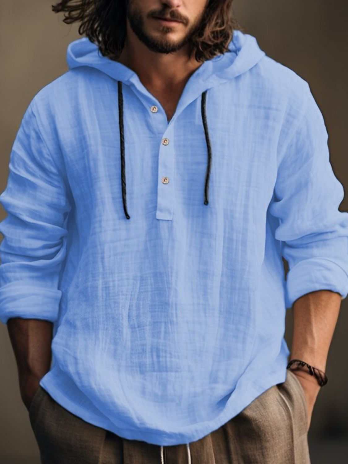 Men's full-size half button long sleeve hoodie in light blue, 100% cotton.