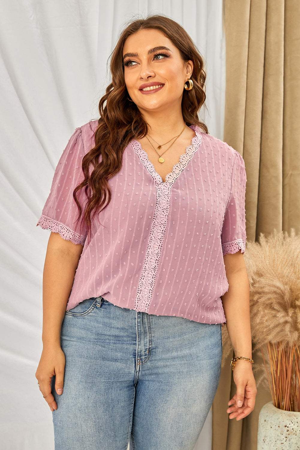 Plus size Swiss dot spliced lace V-neck blouse in a casual style.
