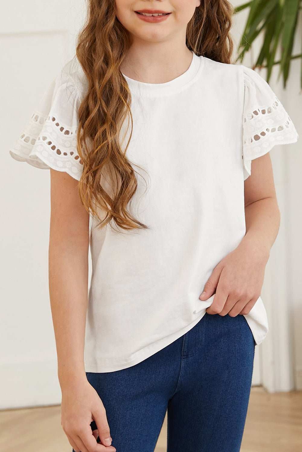 White round neck flutter sleeve t-shirt with eyelet puff short sleeves, casual cotton blend top for girls.