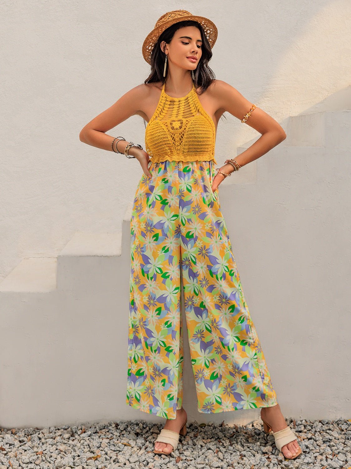 Openwork Halter Neck Floral Wide Leg Jumpsuit - Securing Secrets Boutique LLC