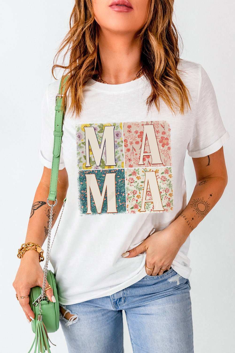 MAMA Round Neck Short Sleeve T-Shirt with floral graphic design.