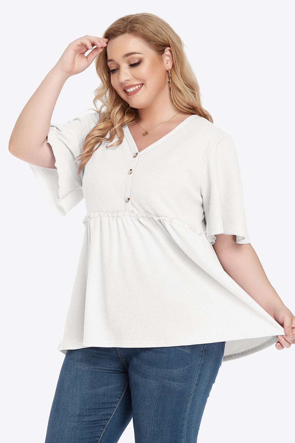 Plus size buttoned V-neck frill trim babydoll blouse with flutter sleeves.