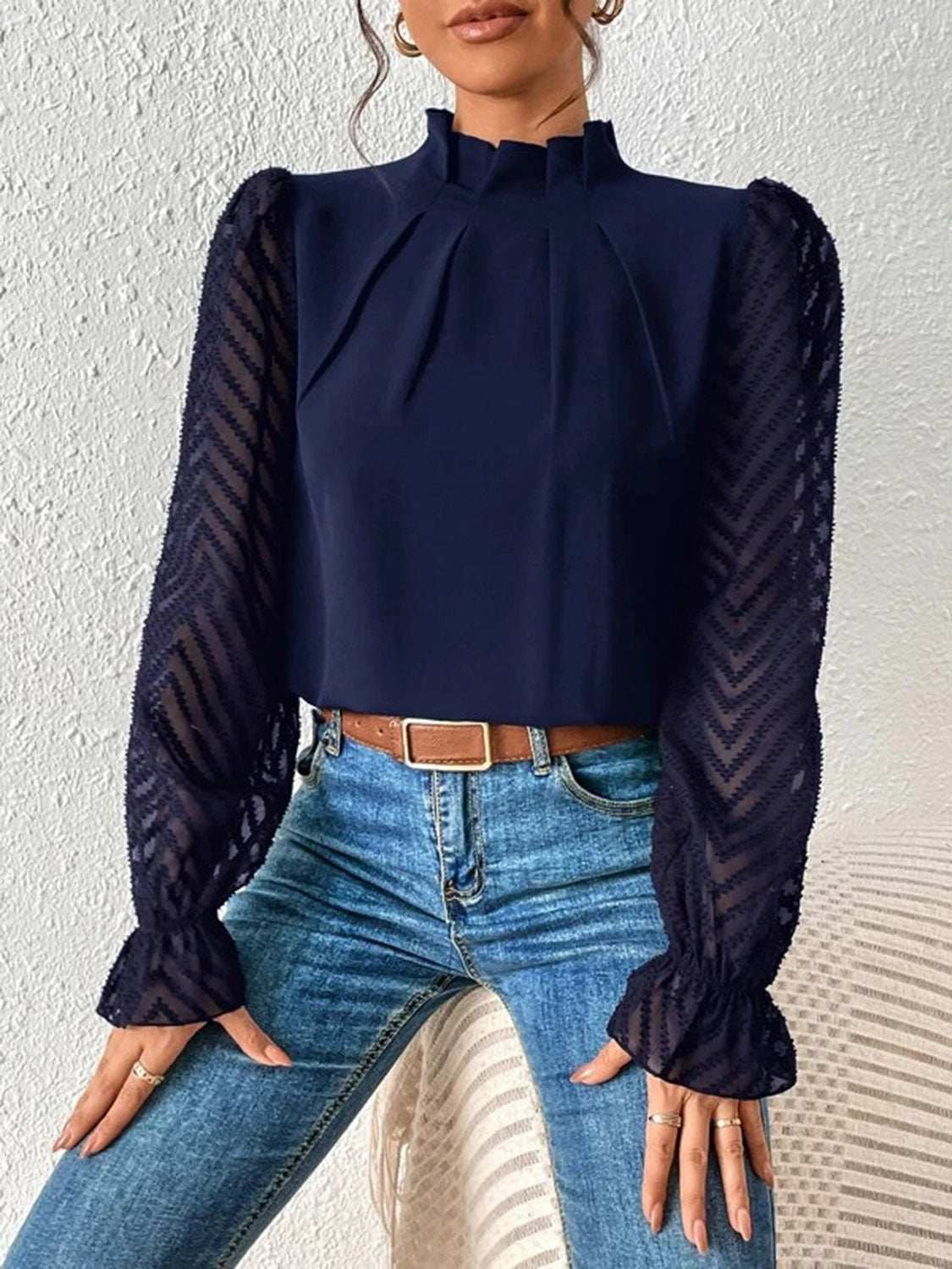 Mock neck flounce sleeve blouse, navy, slightly stretchy, semi-sheer, ruffled sleeves.