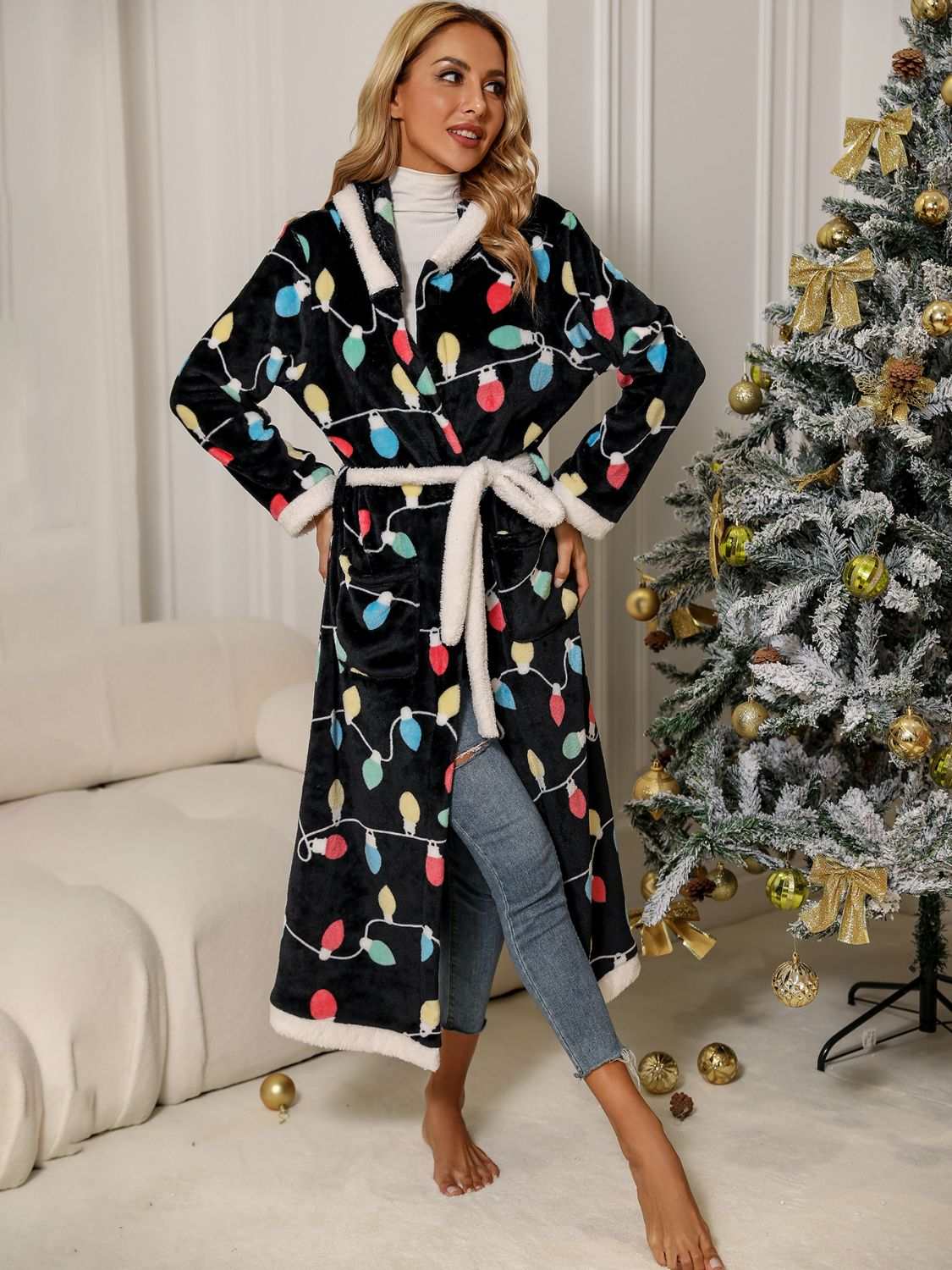 Tie waist hooded robe with colorful pattern, 100% polyester, slightly stretchy, machine washable.