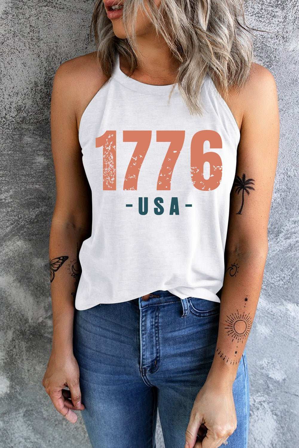 1776 USA round neck tank, white, basic style, slightly stretchy, polyester blend.
