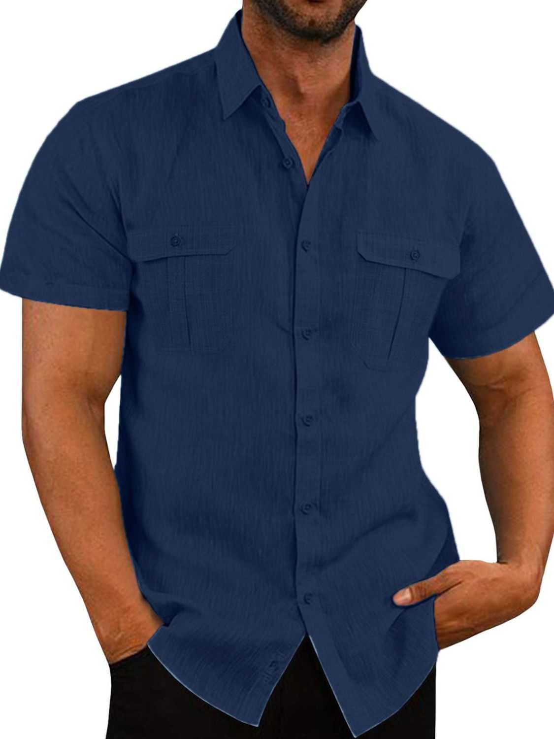 Men's plus size collared neck short sleeve shirt with buttoned front and pockets, made of flax and cotton.