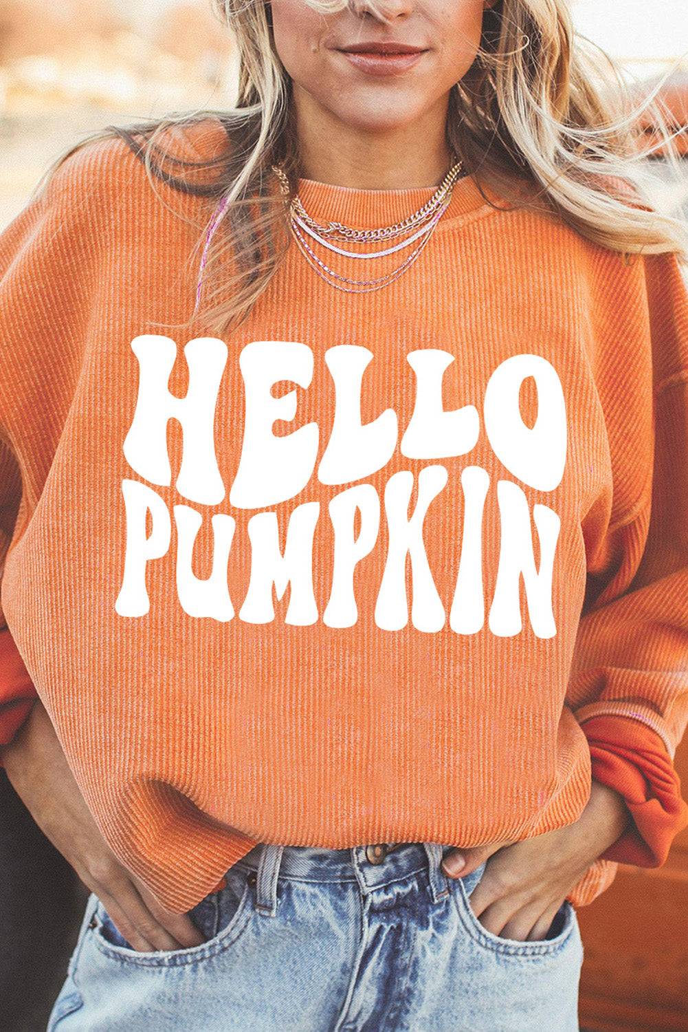 Round Neck Dropped Shoulder HELLO PUMPKIN Graphic Sweatshirt, casual style, long sleeves.