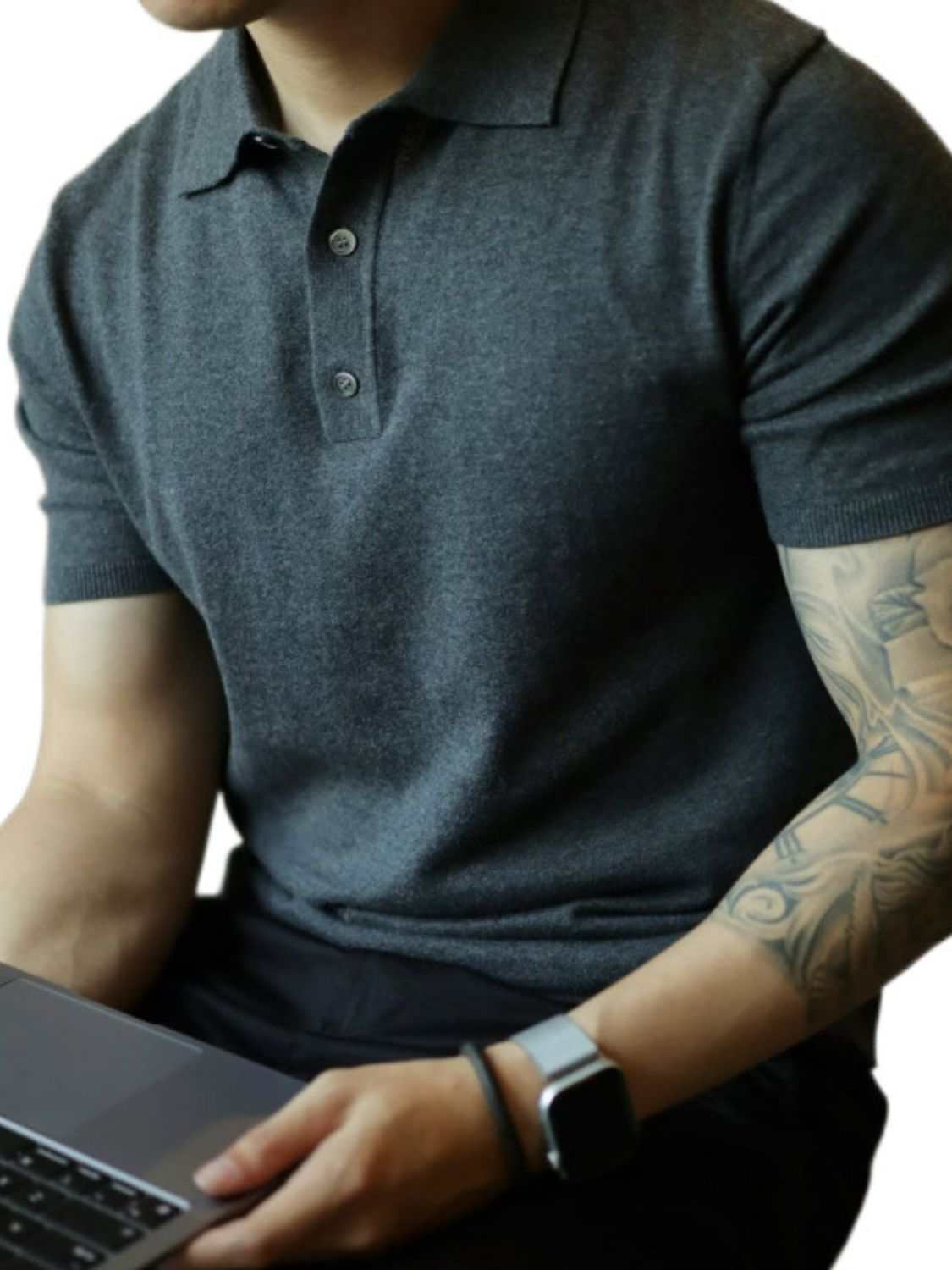 Men's plus size short sleeve polo with button detail in grey, slightly stretchy material.