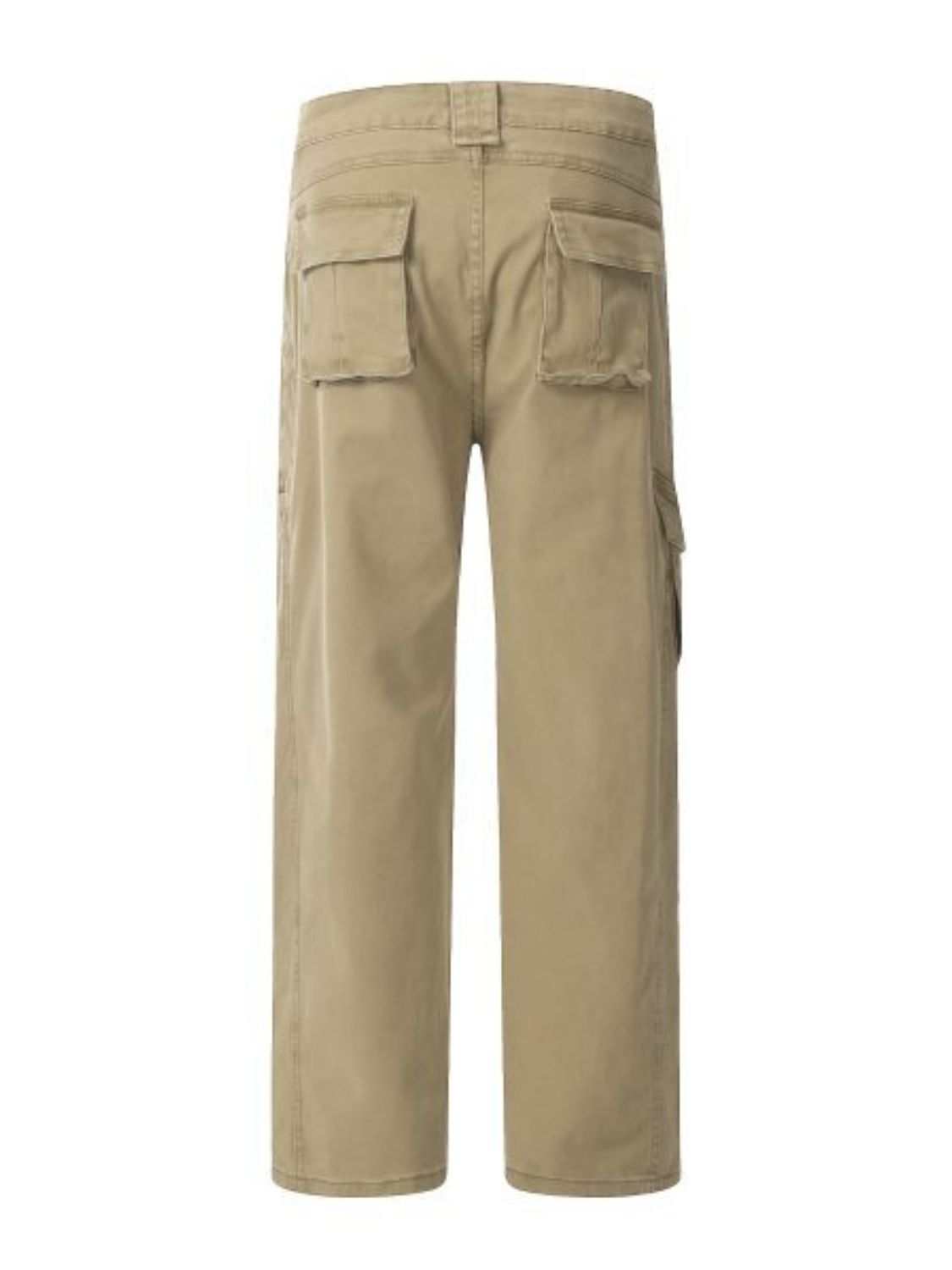 Men's straight leg cargo pants in khaki with back pocket detail.