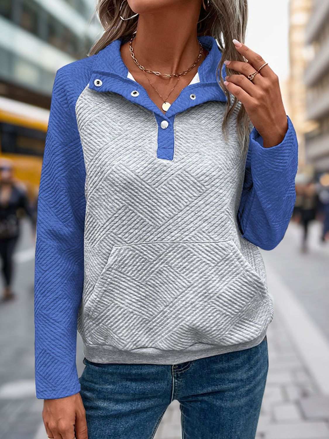 Perfee Contrast Textured Long Sleeve Sweatshirt, buttoned and pocketed, slightly stretchy fabric.