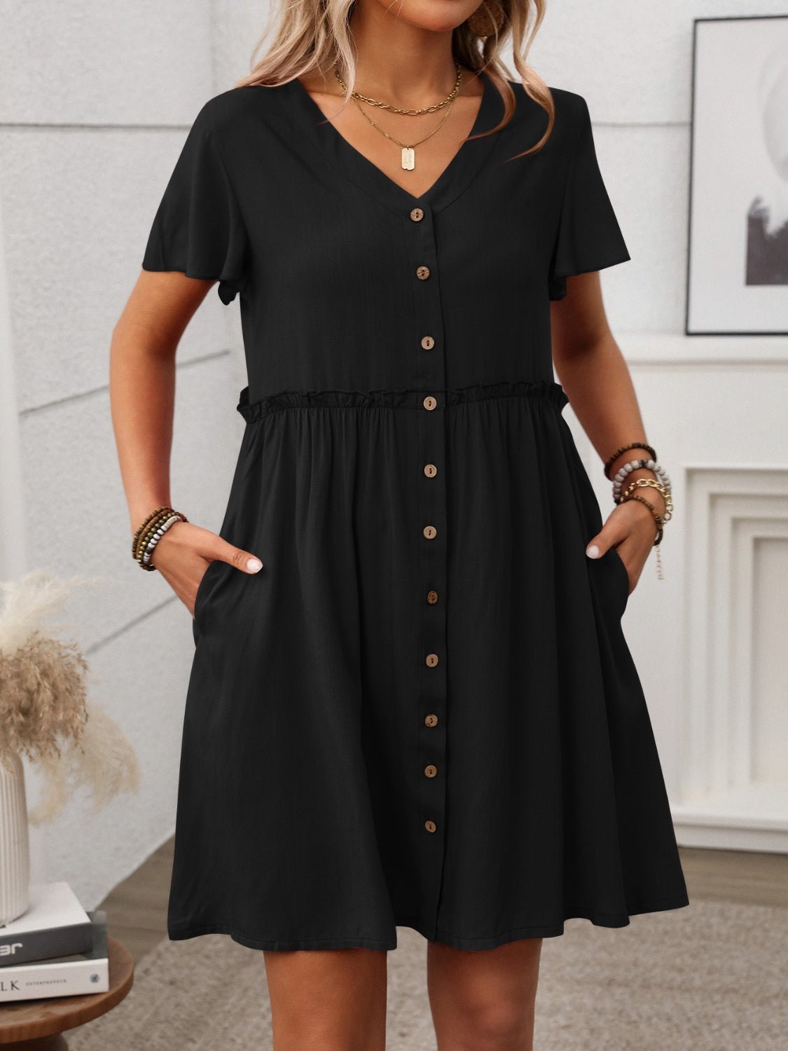 Button Front Flutter Sleeve Dress - Securing Secrets Boutique LLC