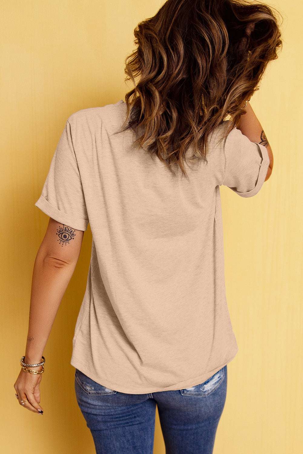 Bow Graphic Round Neck Short Sleeve T-Shirt in beige, featuring a basic style with slightly stretchy fabric and a comfortable fit.