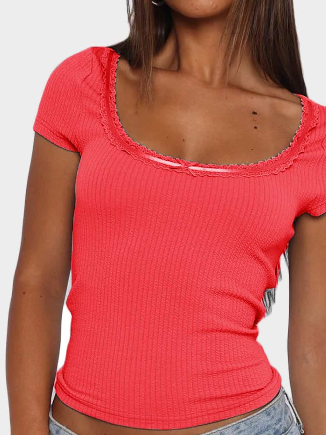Lace detail scoop neck short sleeve t-shirt in red.