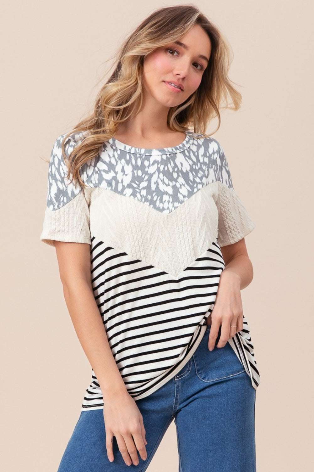 BiBi Printed Color Block Short Sleeve T-Shirt with leopard and stripe design.
