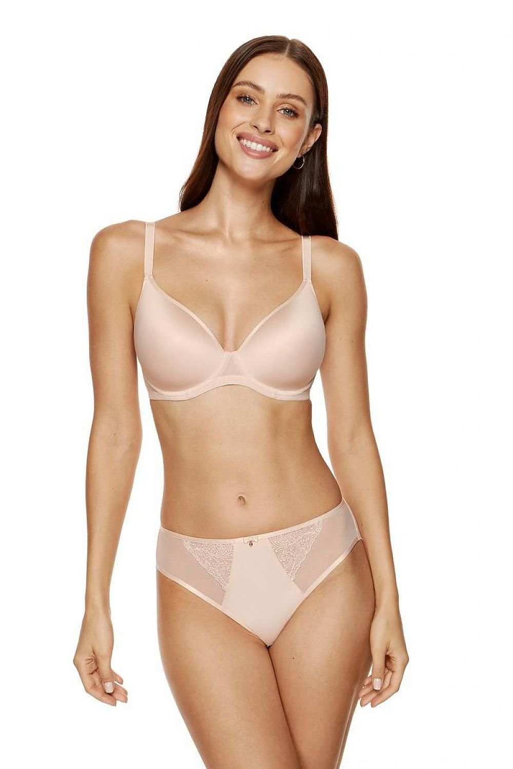 padded bra Gorteks in universal color with smooth thermally modeled cups and elastic reinforced tulle back worn by smiling model