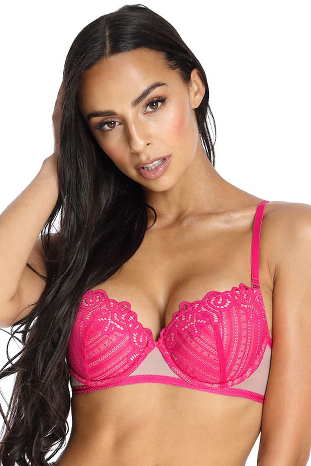 Woman wearing vibrant pink push-up bra with lace detail and adjustable straps