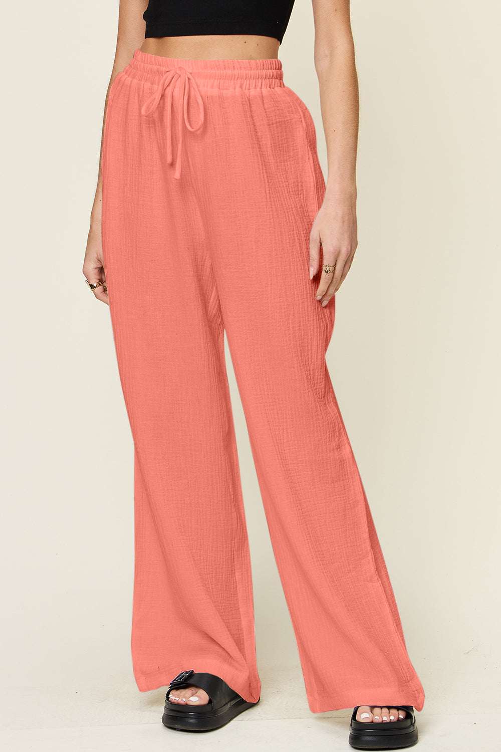 Double Take wide leg drawstring pants in coral, 100% cotton, full size, opaque.