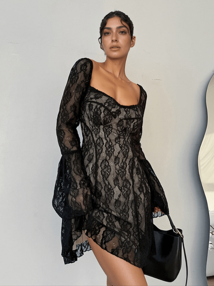 Lace Sweetheart Neck Flare Sleeve Mini Dress - Securing Secrets Boutique LLC