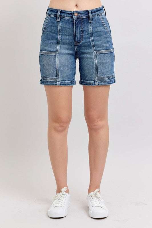 Judy Blue Full Size high rise denim shorts, slightly stretchy, pocketed, versatile plus size fashion.