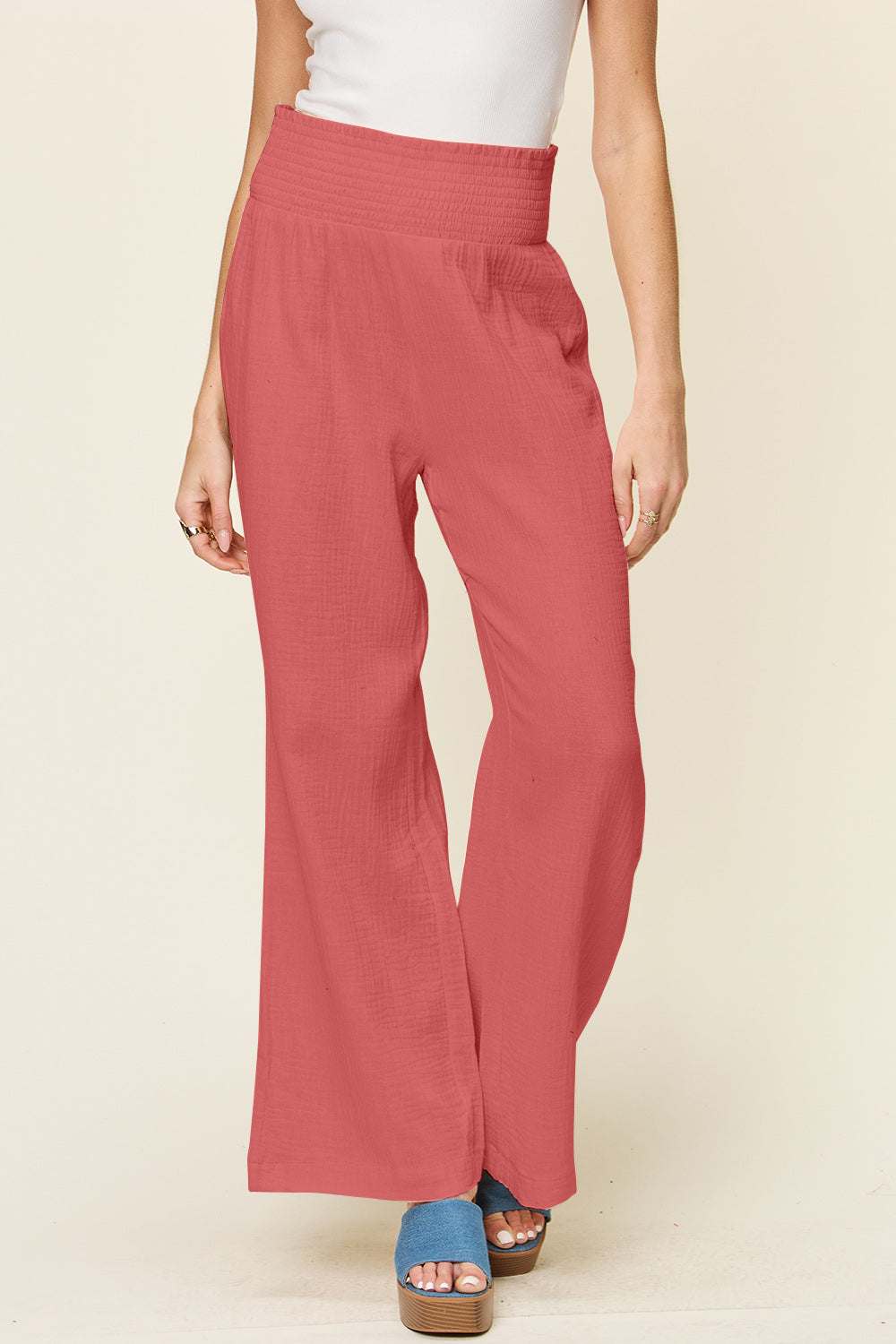 Double Take full size smocked waist wide leg cotton pants in coral.
