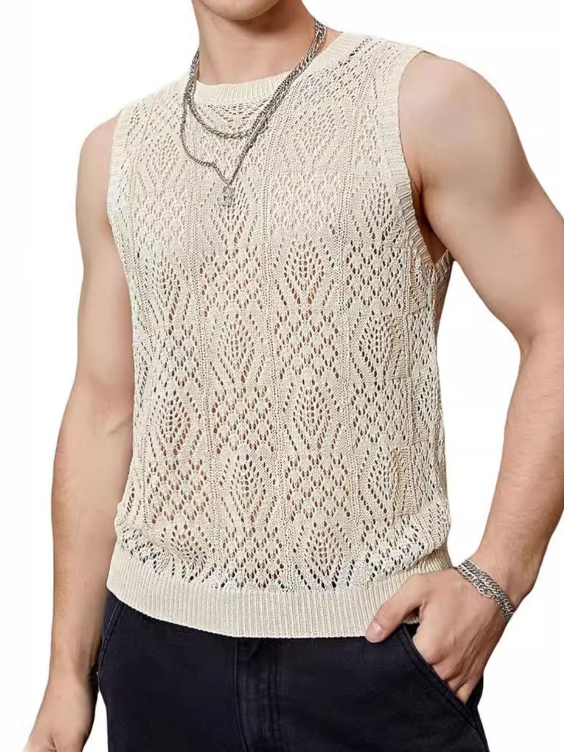 Men's Openwork Round Neck Tank - Securing Secrets Boutique LLC