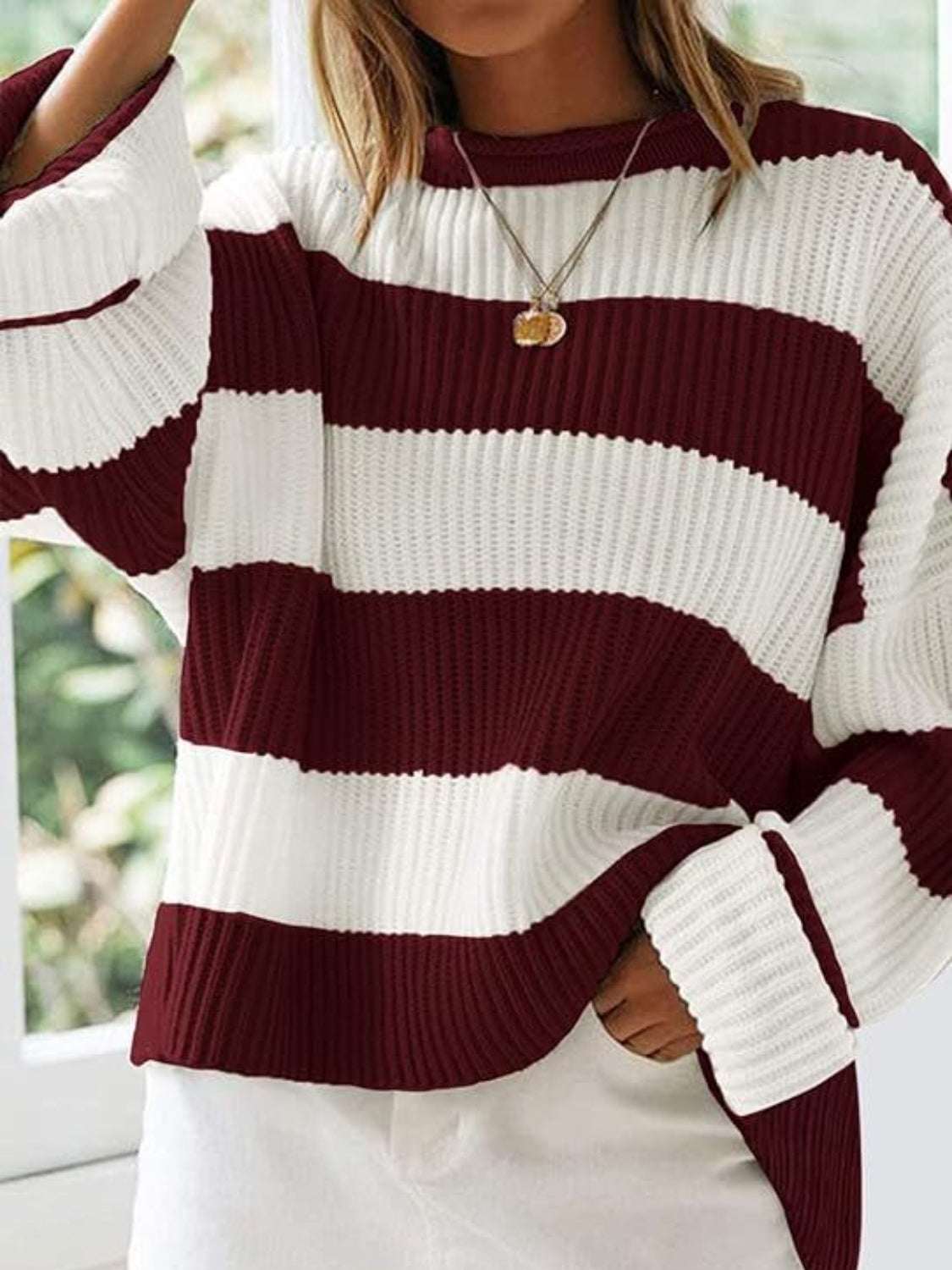 Round neck long sleeve sweater, slightly stretchy, 100% polyester, burgundy and white striped.