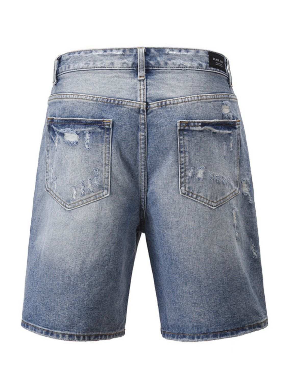 Men's distressed denim Bermuda shorts with back pockets, slightly stretchy cotton blend.