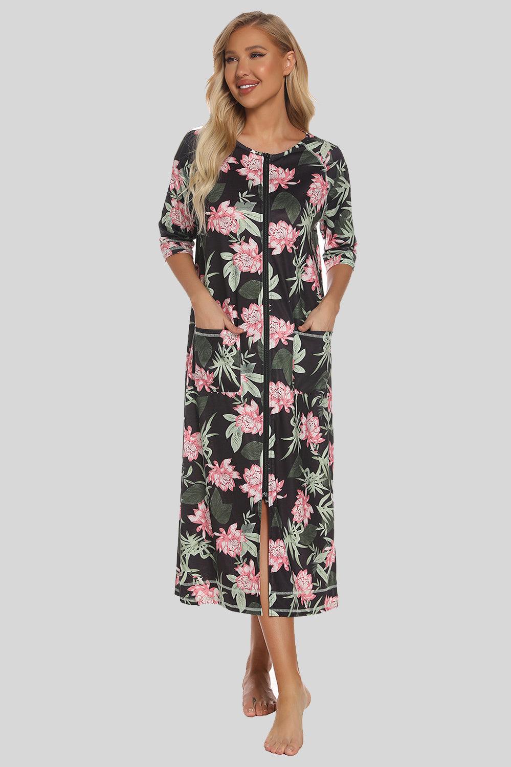 Floral printed slit night dress with pockets, slightly stretchy fabric, cotton blend.