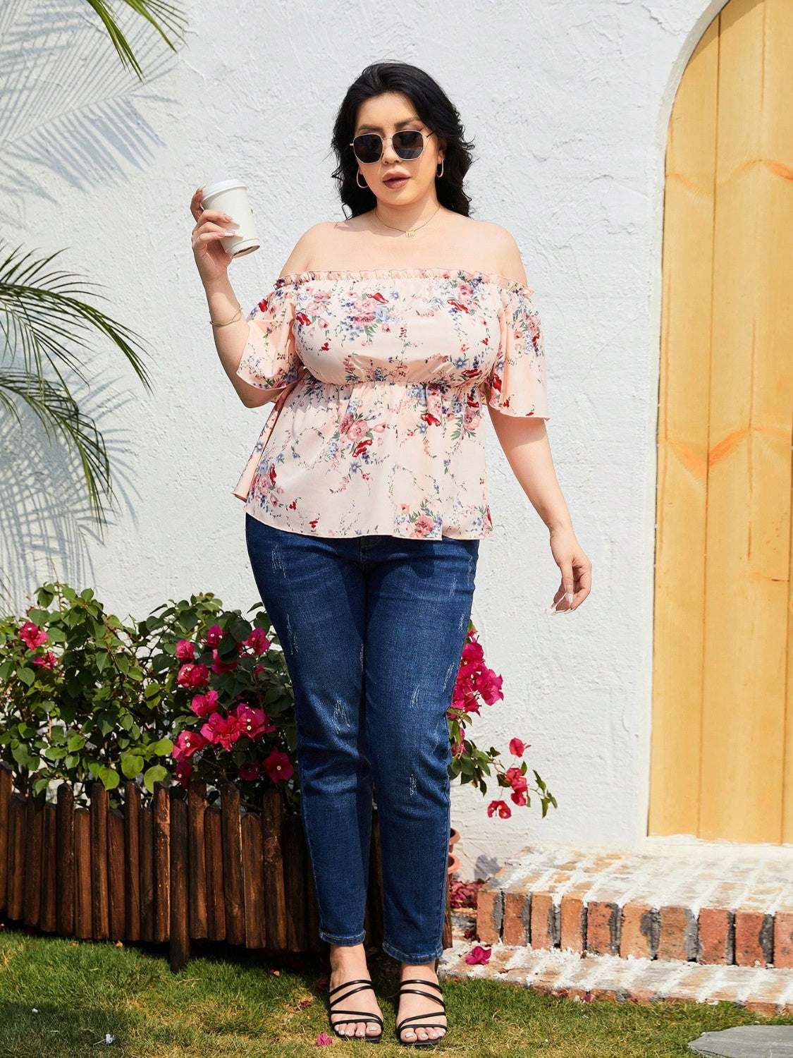 Plus Size Frill Printed Flutter Sleeve Blouse in Floral Polyester