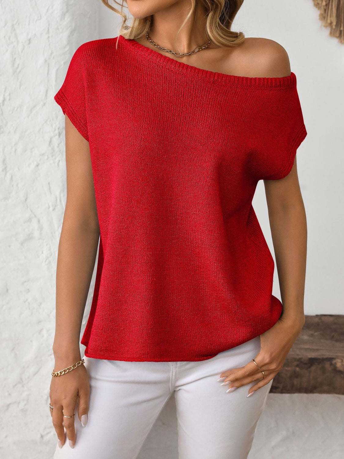 Mandy Boat Neck Short Sleeve Knit Top in red, featuring a basic style and moderate stretch.