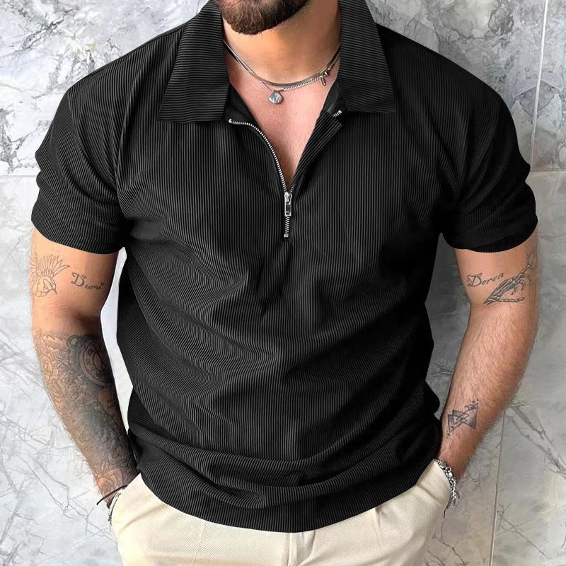 Solid Color Short Sleeve Men's Zipper Polo Shirt