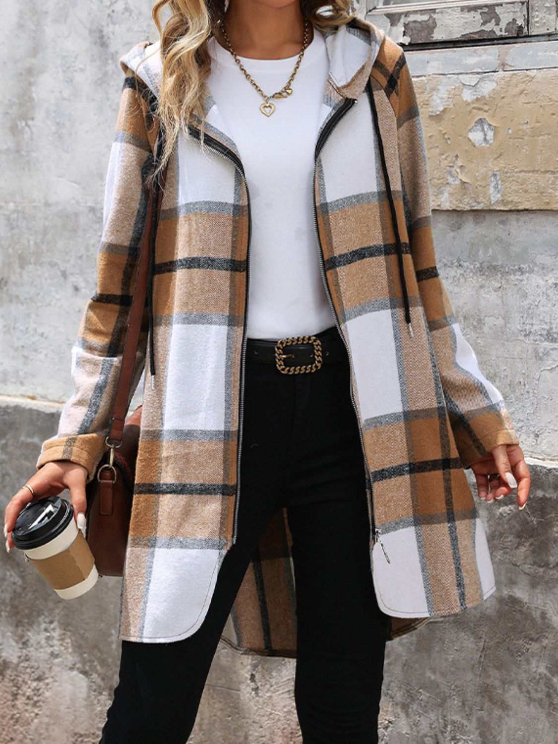 Women’s drawstring plaid long sleeve hooded outerwear with pockets and zip-up front