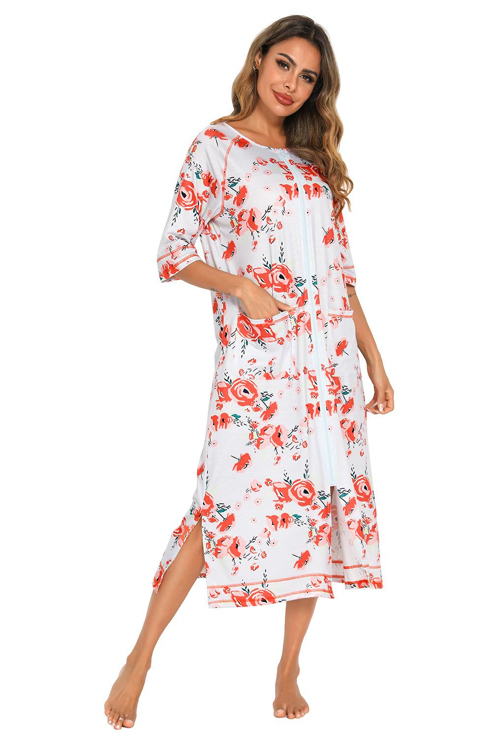 Printed slit night dress with pockets, floral pattern, slightly stretchy fabric.