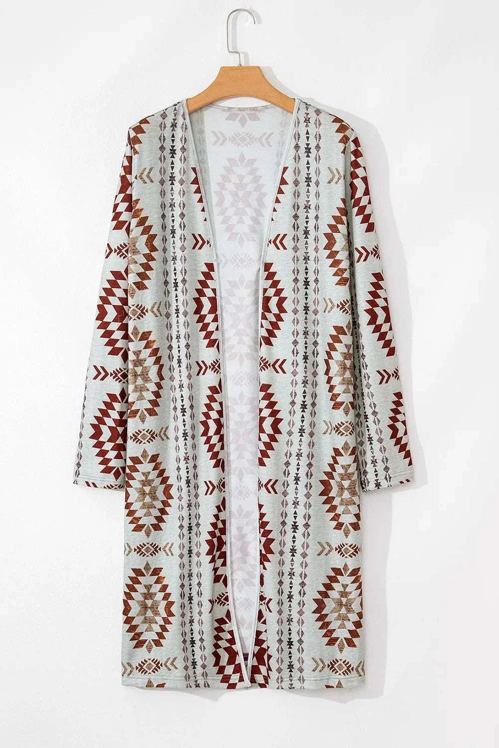 Geometric Open Front Long Sleeve Cover Up with red tribal patterns, opaque and slightly stretchy material.