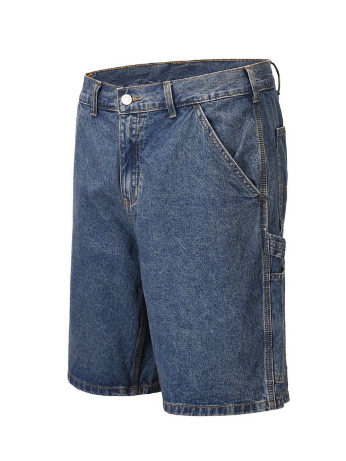 Men's washed denim Bermuda shorts, slightly stretchy, basic style.