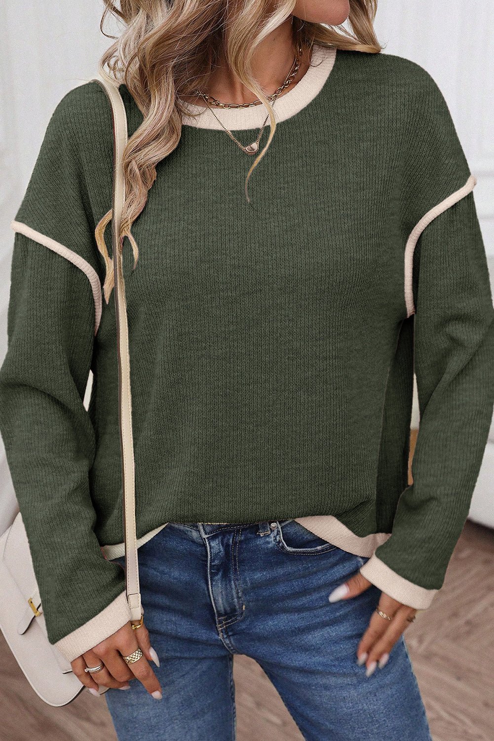 Beige Contrast Color Trim Knit Drop Shoulder Loose Top