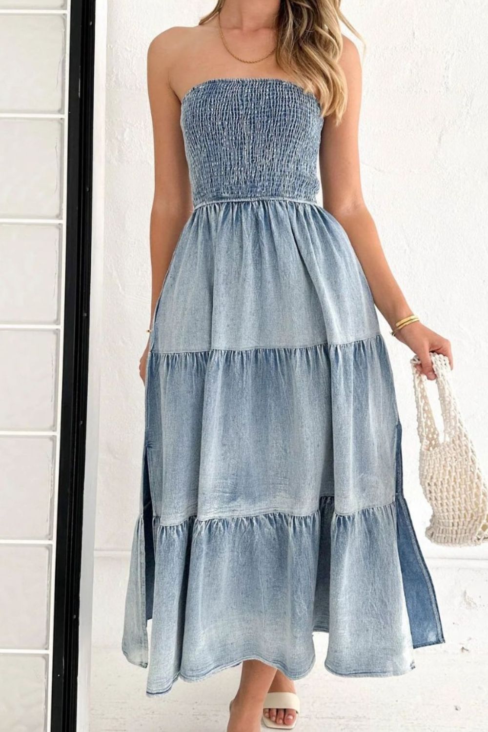 Smocked Tube Slit Tiered Denim Dress - Securing Secrets Boutique LLC