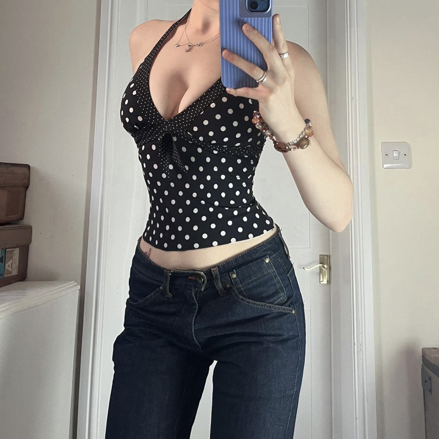 European And American-style Spicy-girl V-neck Figure-flattering Polka-dot Halter Vest