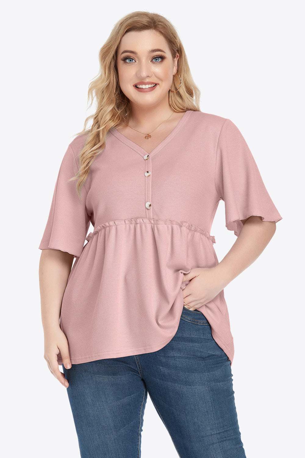 Plus size V-neck frill trim babydoll blouse with buttons and flutter sleeves.