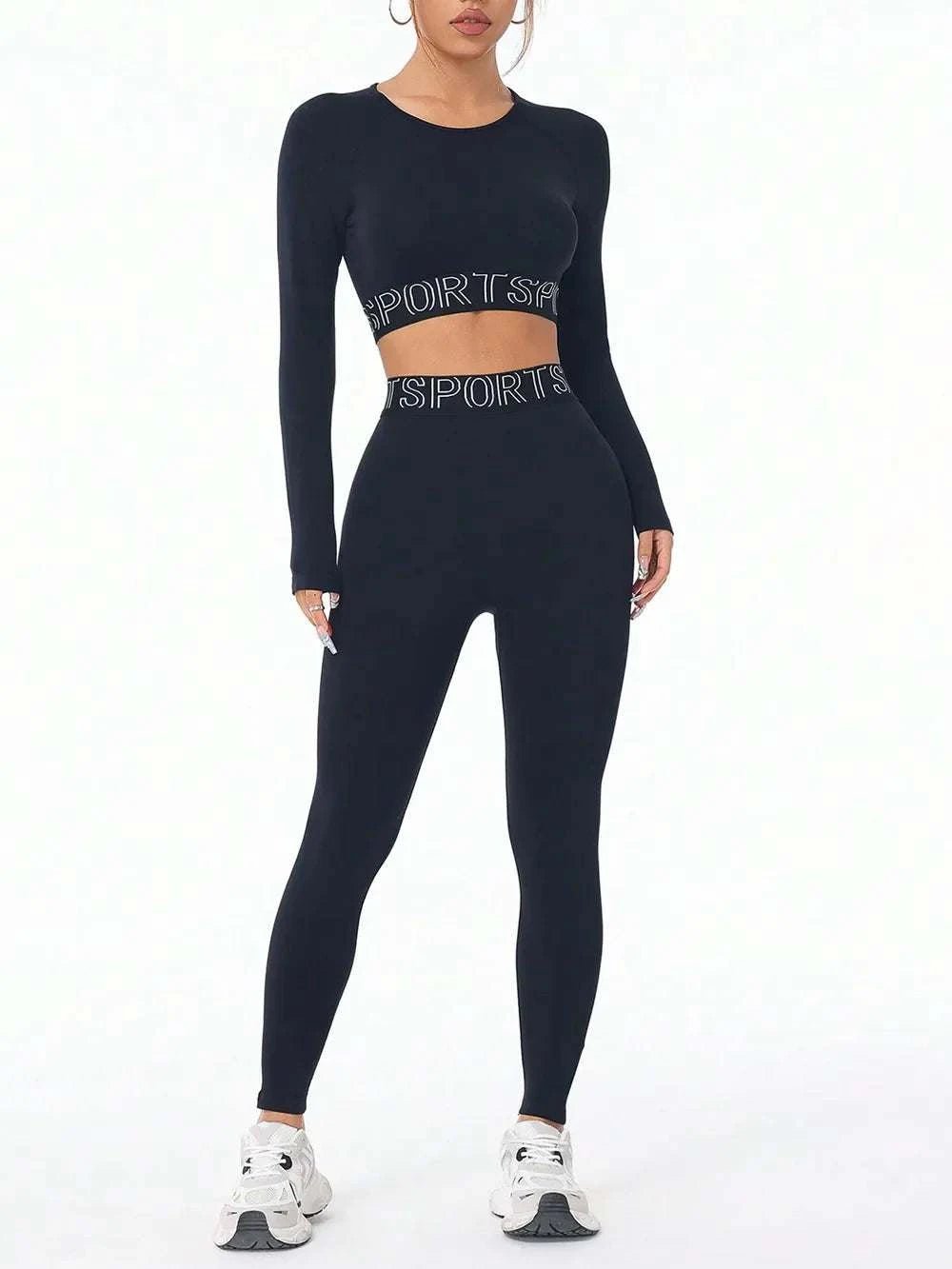 Letter print round neck long sleeve top and leggings set, basic style, highly stretchy polyamide and elastane blend.