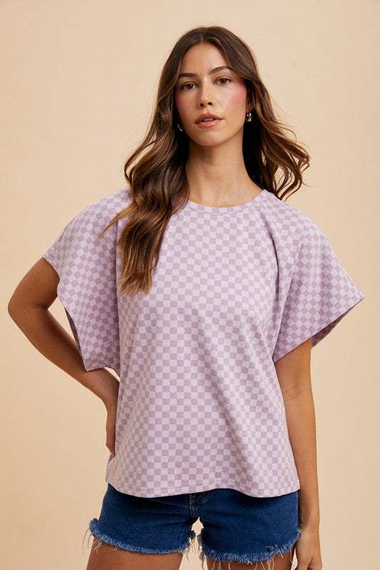 Checkered round neck short sleeve t-shirt, casual and chic design by Annie Wear.