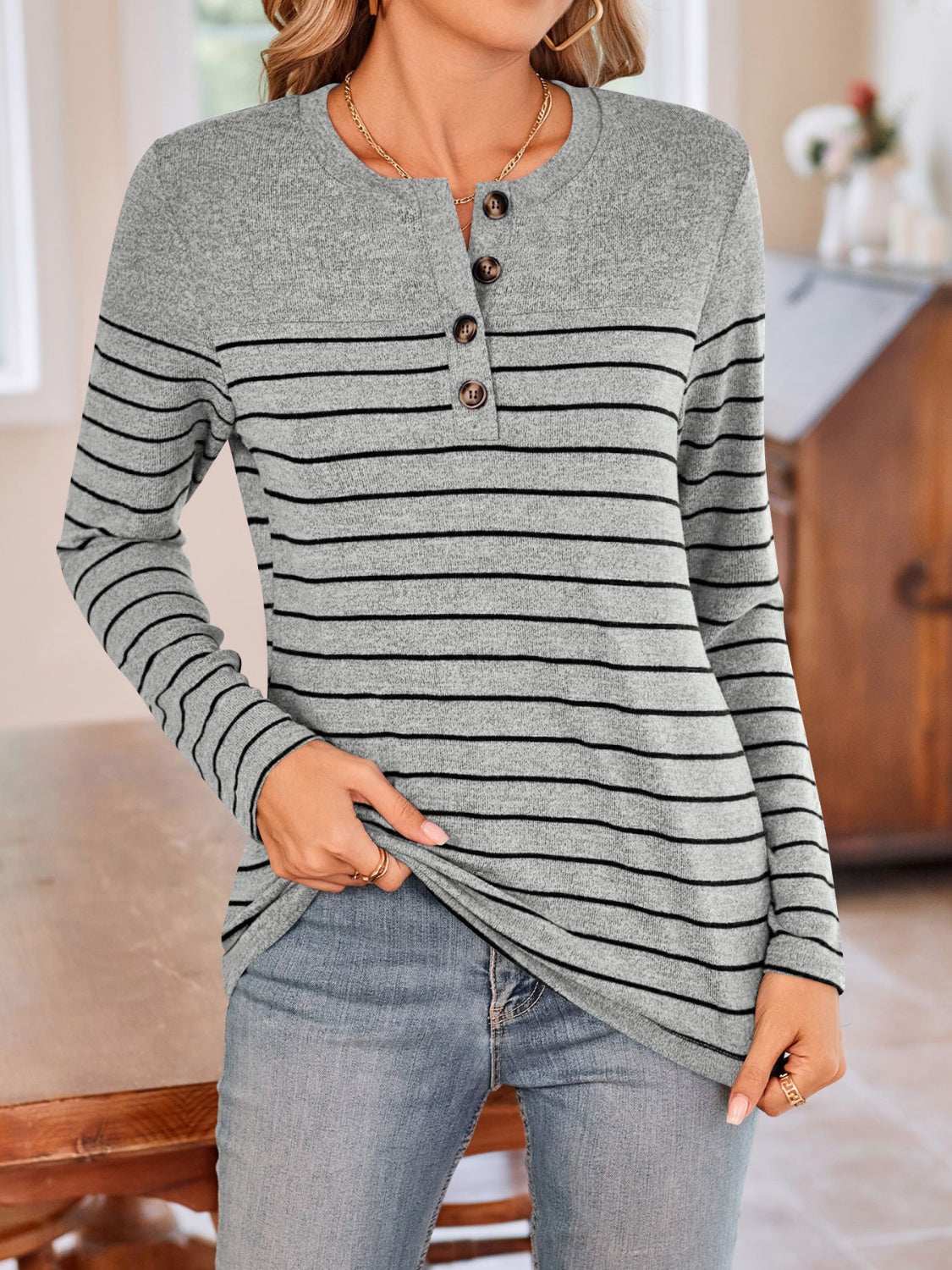 Lovelet Quarter Button Striped Round Neck Long Sleeve T-Shirt, slightly stretchy, polyester-rayon-elastane blend.